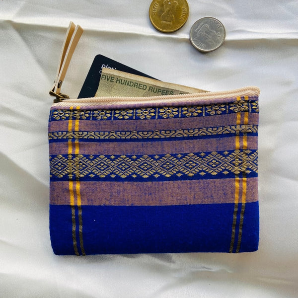 Buy Small Zipper Pouches- Mini Wallets-Blue with Zari | Shop Verified Sustainable Products on Brown Living