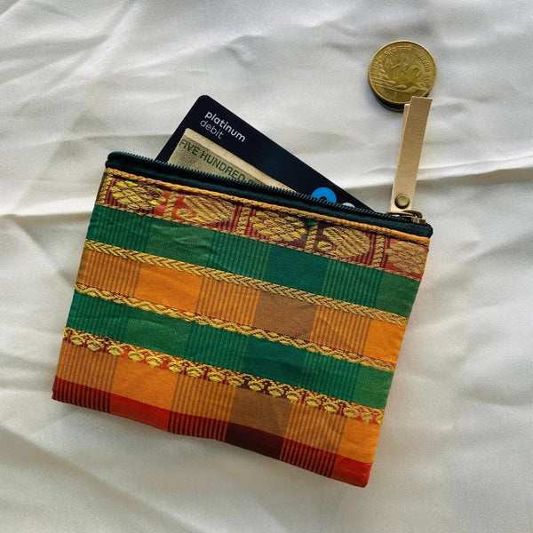 Buy Small zipper pouches- Mini wallets- Peach with Green Jari | Shop Verified Sustainable Travel Accessories on Brown Living™