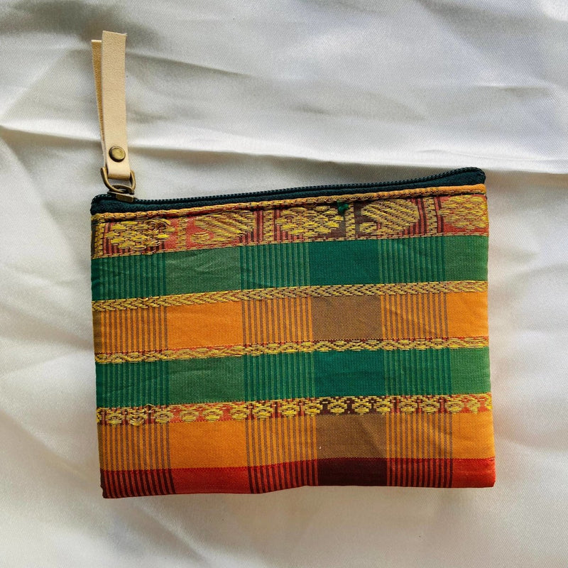 Buy Small zipper pouches- Mini wallets- Peach with Green Jari | Shop Verified Sustainable Products on Brown Living