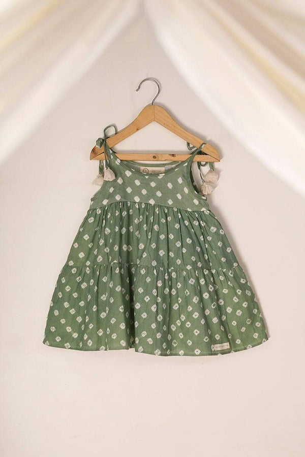 Buy Song In Your Heart' Sea Green Bandhani Infant Baby Cotton Sleeveless Tiered Dress | Shop Verified Sustainable Kids Frocks & Dresses on Brown Living™