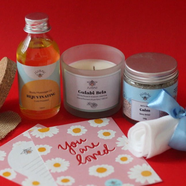 Buy Spa Date Gift Box with Candle, Bath Salts and Relaxing Massage Oil | Shop Verified Sustainable Gift Hampers on Brown Living™