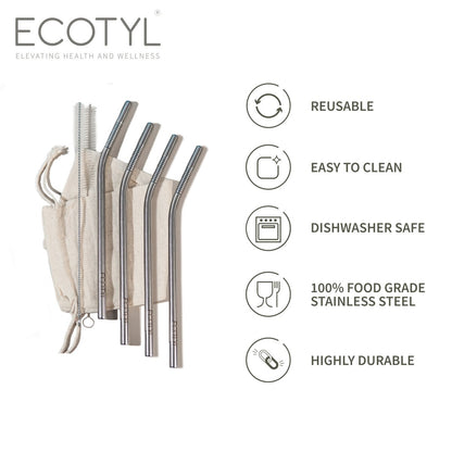 Stainless Steel Reusable Straw Bent with Cleaning Brush | Set of 4 | Verified Sustainable by Brown Living™