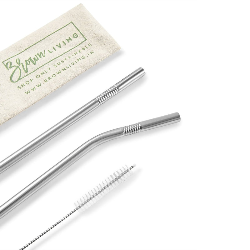 Buy Stainless Steel Straw Set | 1 bent & 1 straight with a cleaner | Shop Verified Sustainable Products on Brown Living