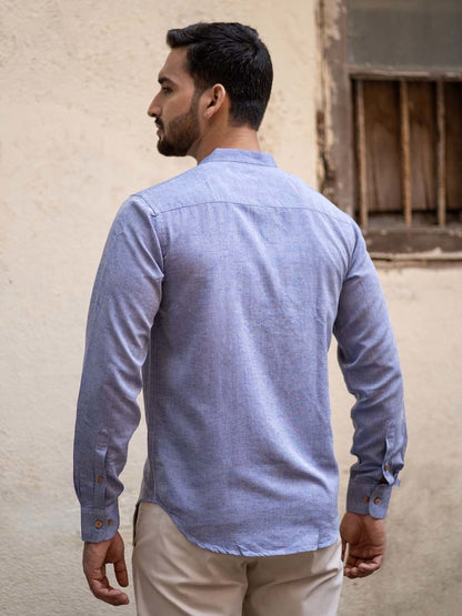 Steel Blue Mandarin Collar Shirt in TENCEL™ Lyocell Linen | Verified Sustainable by Brown Living™