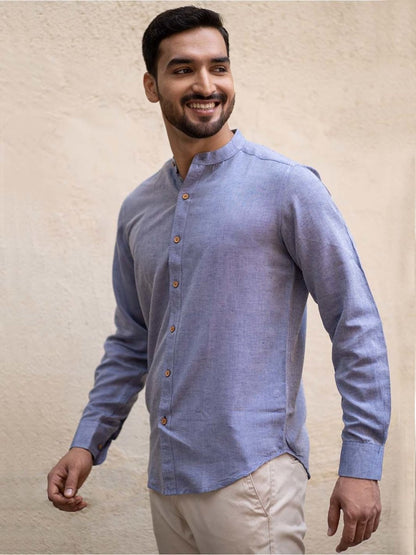 Steel Blue Mandarin Collar Shirt in TENCEL™ Lyocell Linen | Verified Sustainable by Brown Living™