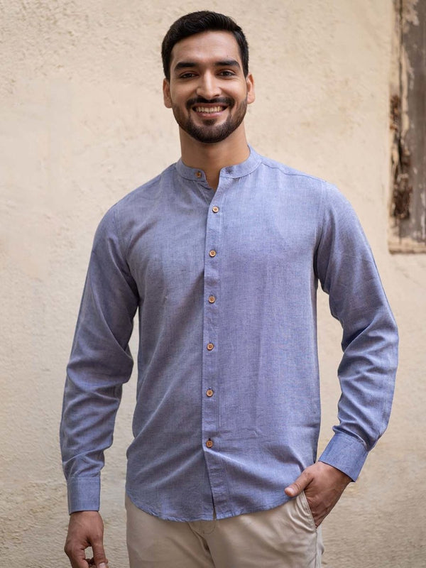 Buy Steel Blue Mandarin Collar Shirt in TENCEL™ Lyocell Linen | Shop Verified Sustainable Products on Brown Living