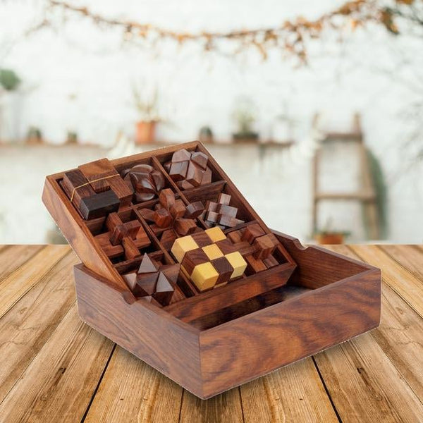 Buy Sustainable STEM Brain Teaser Puzzle Set- 9 Mechanical Puzzles on Brown Living™