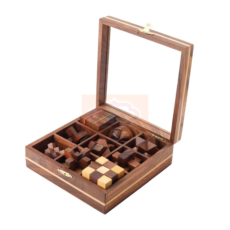 Buy STEM Brain Teaser Puzzle Set of 9 Wooden Puzzles in Glass box | Shop Verified Sustainable Products on Brown Living
