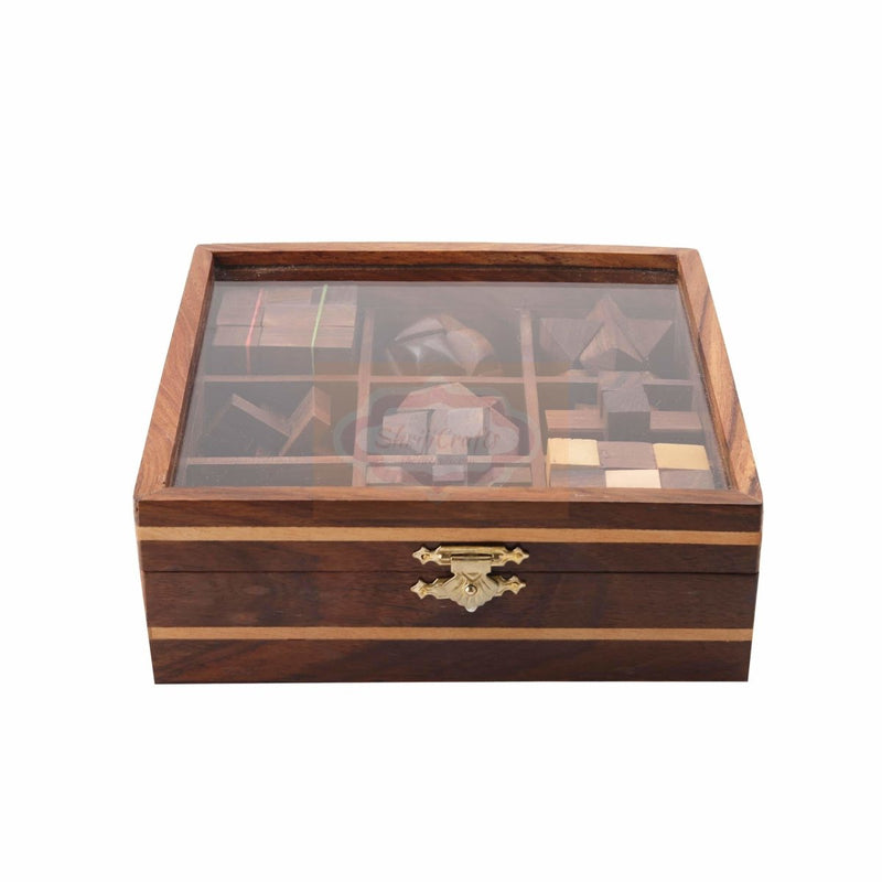 Buy STEM Brain Teaser Puzzle Set of 9 Wooden Puzzles in Glass box | Shop Verified Sustainable Products on Brown Living