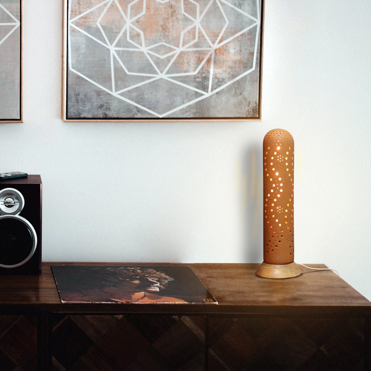 STRAW Closed Top Terracotta Table Light with Wooden Base | Verified Sustainable by Brown Living™