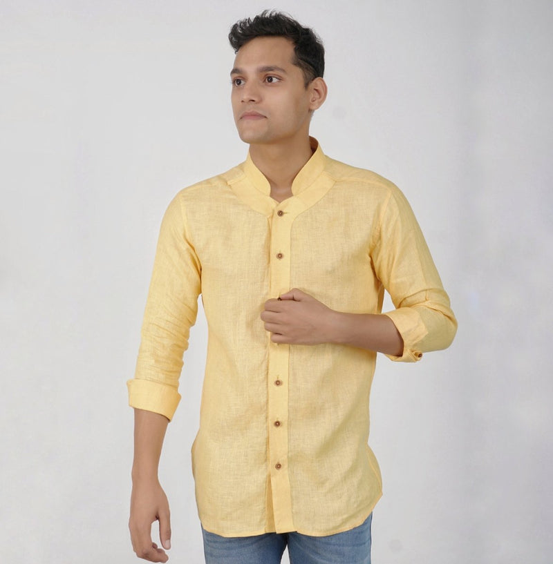 Buy Sunshine Yellow Designer Kurta-Style Hemp Fabric Shirt | Shop Verified Sustainable Products on Brown Living