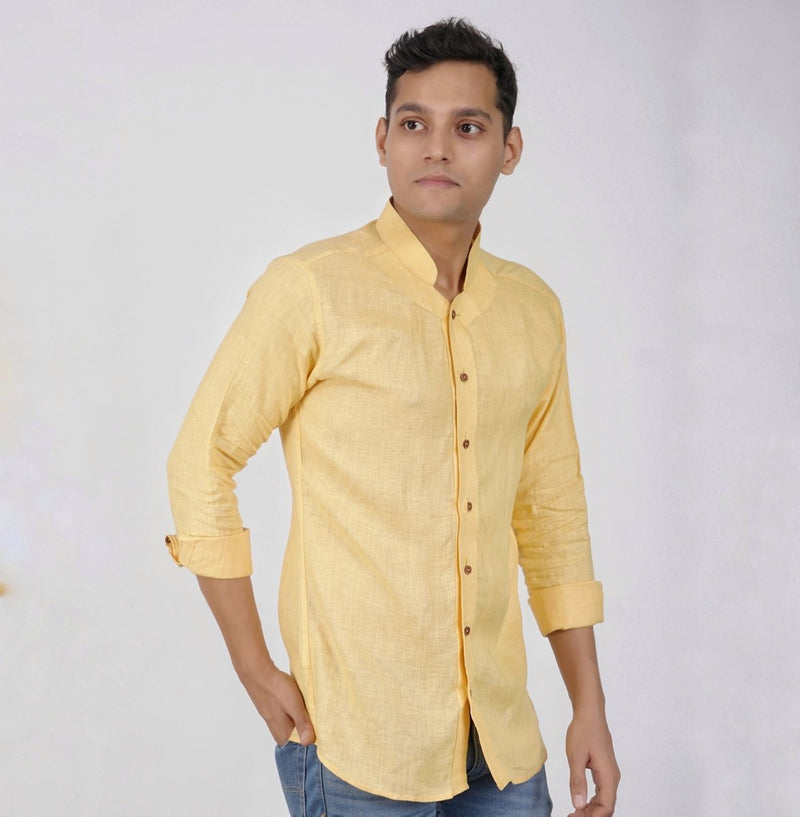 Buy Sunshine Yellow Designer Kurta-Style Hemp Fabric Shirt | Shop Verified Sustainable Products on Brown Living
