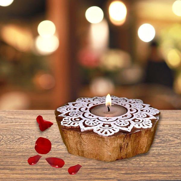 Buy Surajmukhi Tea Light Holder | Wooden handcrafted tea light holder with pack of 6 Soy Wax Tea Light Candles | Shop Verified Sustainable Candles & Fragrances on Brown Living™