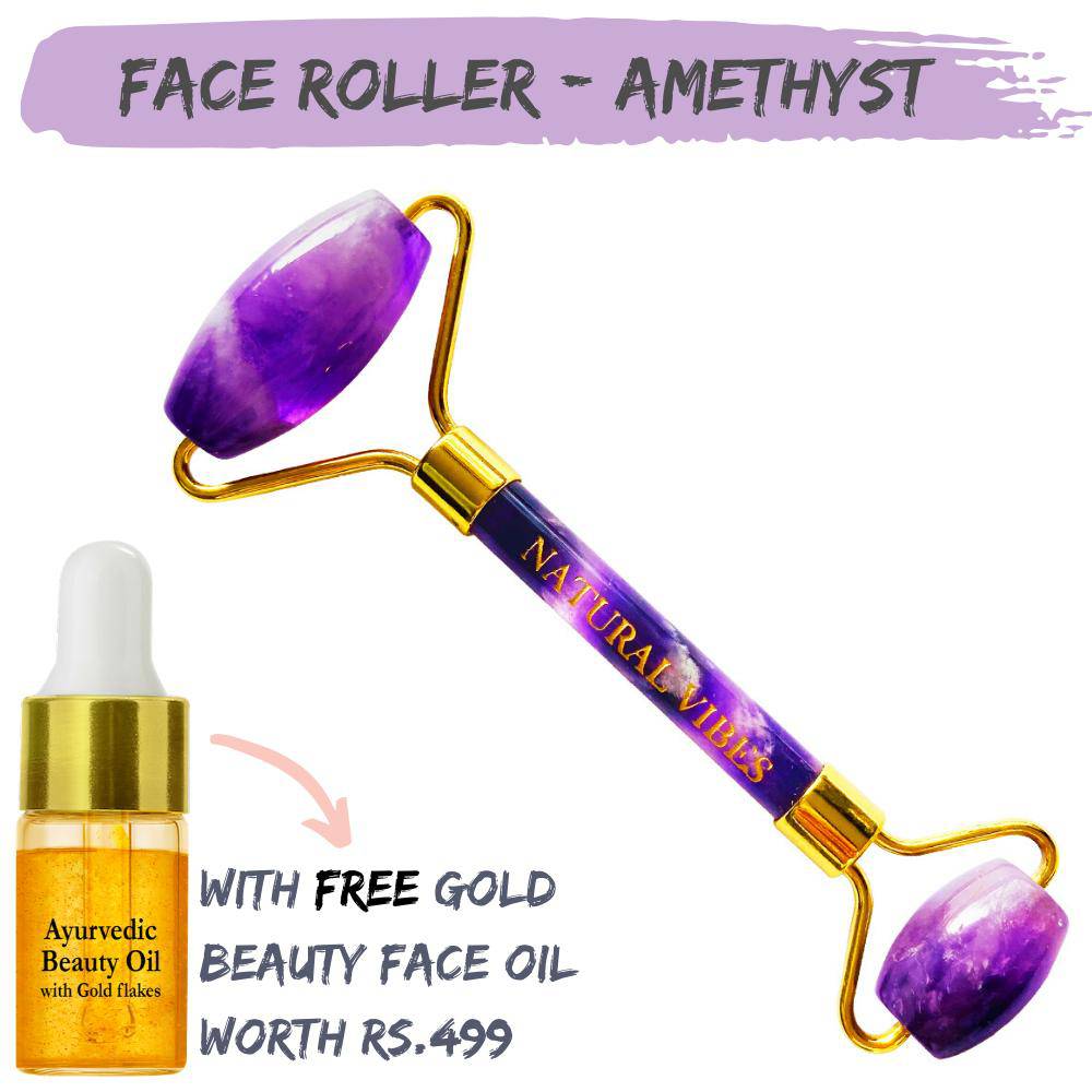 Amethyst Roller & Massager for Face, Neck and Under eye with FREE Gold Beauty Elixir Oil – Massager by Natural Vibes available on Brown Living™. . SKU: 063 - 05467 - NV_Amethyst_Roller_oil. Img 3.