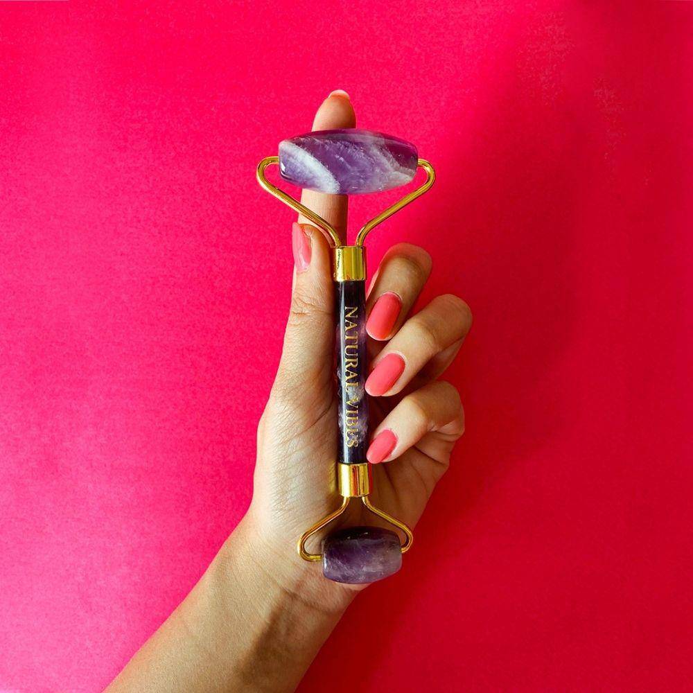 Amethyst Roller & Massager for Face, Neck and Under eye with FREE Gold Beauty Elixir Oil – Massager by Natural Vibes available on Brown Living™. . SKU: 063 - 05467 - NV_Amethyst_Roller_oil. Img 2.