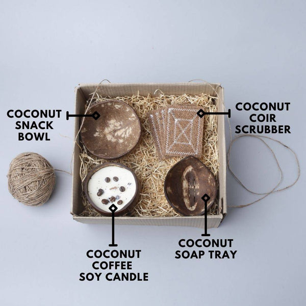 sustainable gift hamper coconut essentials soy candle snack bowl soap tray coir scrubber tbb 67 gift box brown living