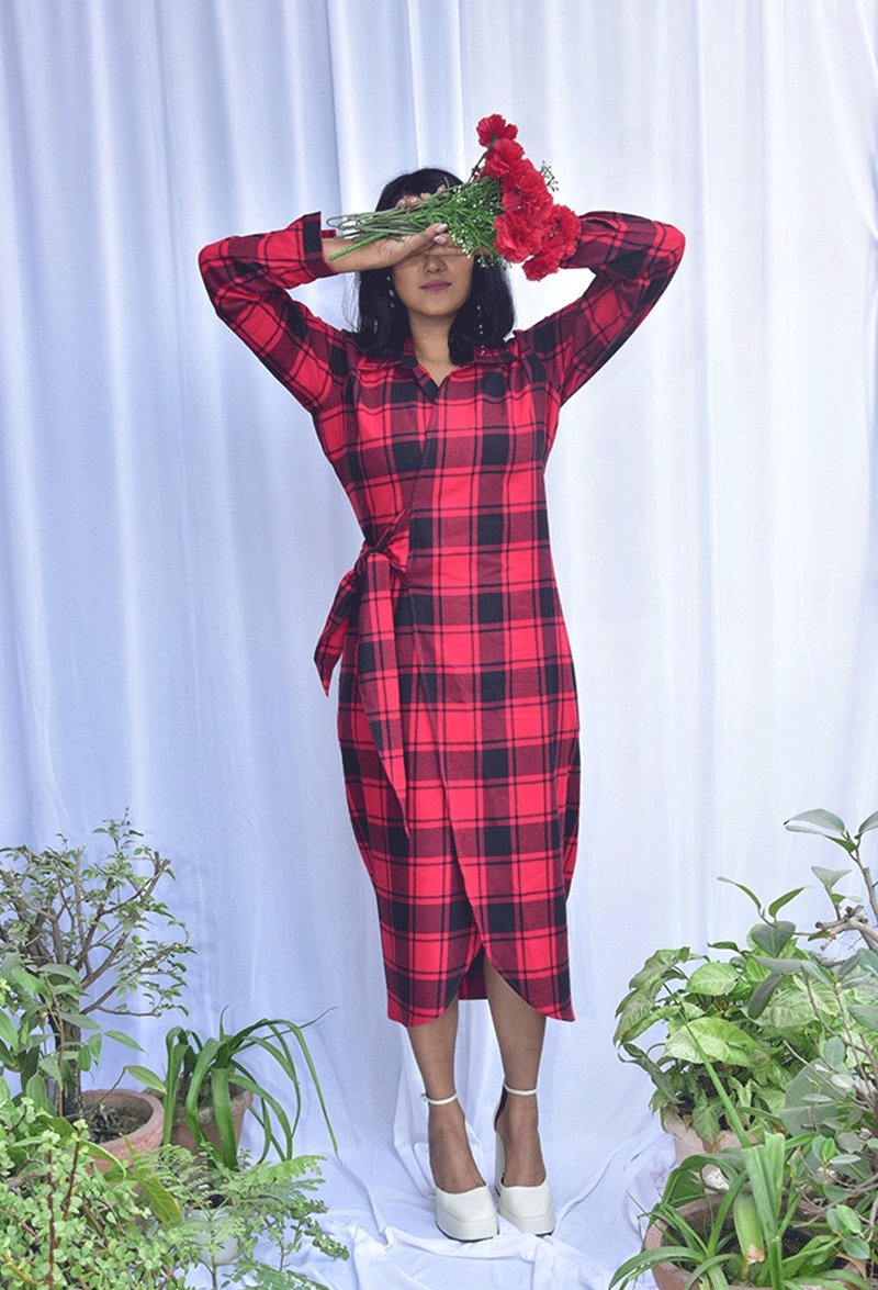Buy Tartan Check Wrap Dress | Made with 100% cotton | Shop Verified Sustainable Products on Brown Living