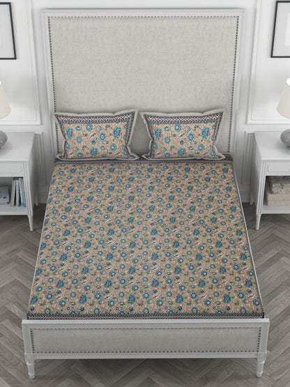 Tea Floral Print Pure Cotton King Size Bedsheet with 2 Pillow Covers | Verified Sustainable by Brown Living™