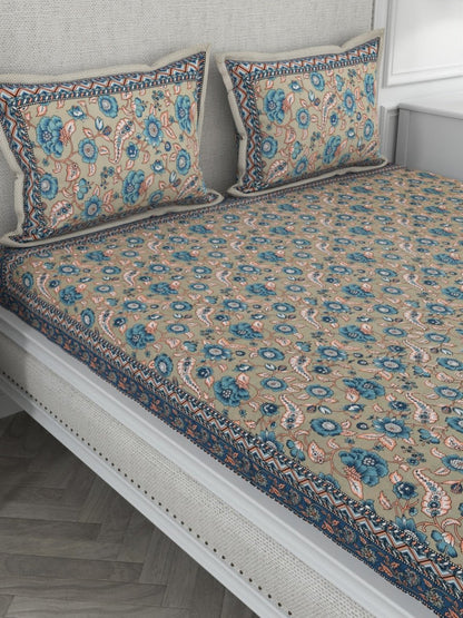 Tea Floral Print Pure Cotton King Size Bedsheet with 2 Pillow Covers | Verified Sustainable by Brown Living™
