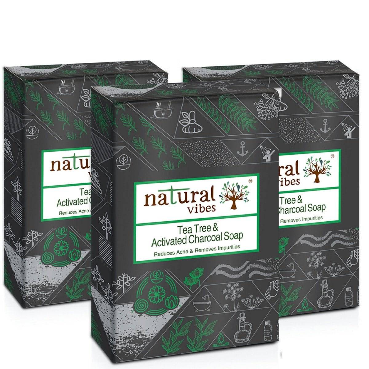 Tea Tree and Activated charcoal Soap - 3 – Body Soap by Natural Vibes available on Brown Living™. . SKU: 063 - 01429 - NV_charcoal_soap_packof3. Img 1.