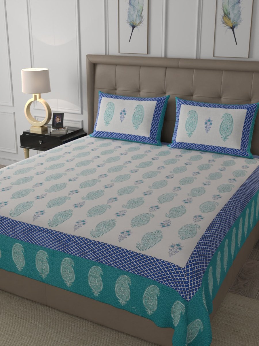 Teal Elegant Hand Block Print Pure Cotton Super King Size Bedsheet with 2 Pillow Covers | Verified Sustainable by Brown Living™