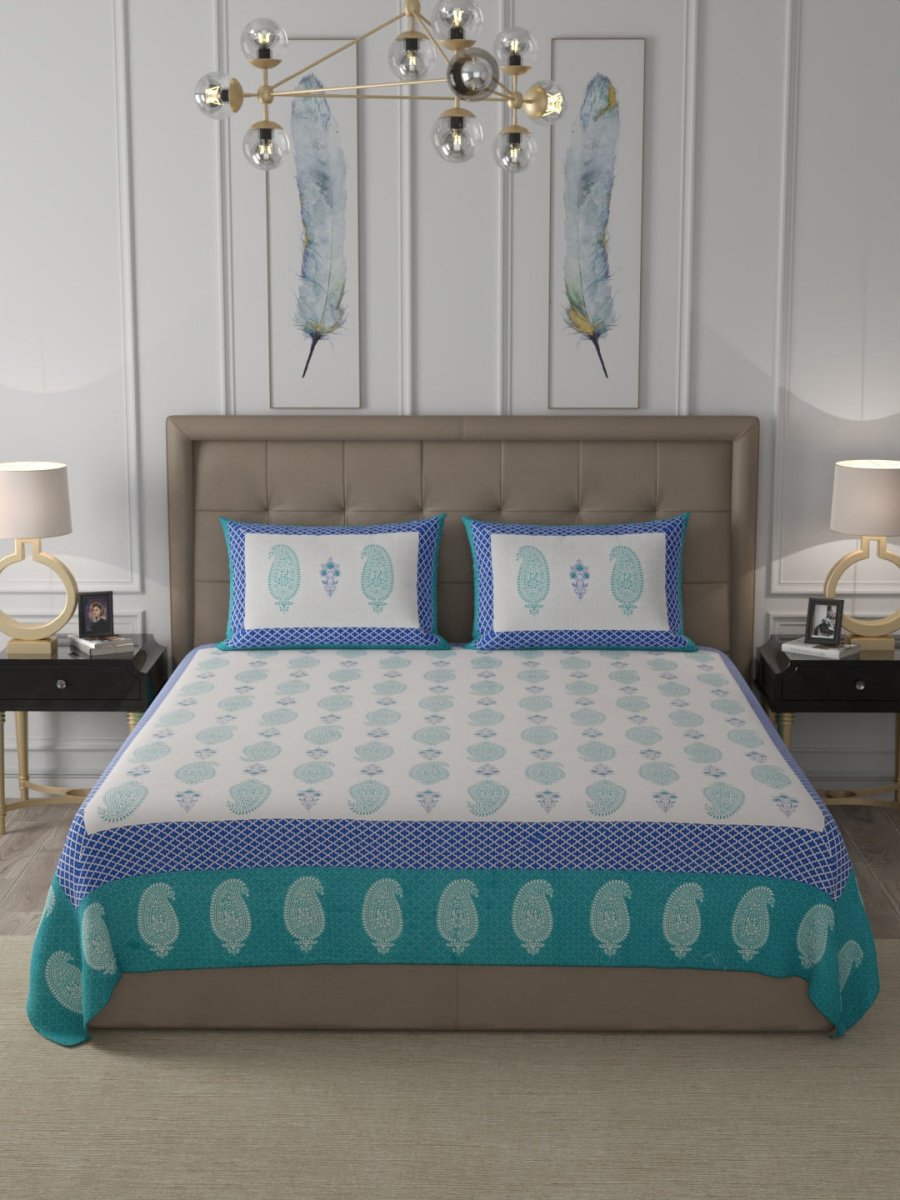 Teal Elegant Hand Block Print Pure Cotton Super King Size Bedsheet with 2 Pillow Covers | Verified Sustainable by Brown Living™