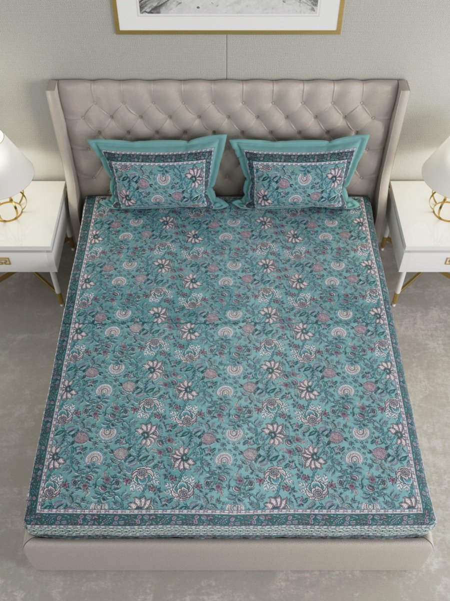 Teal Floral Hand Printed Pure Cotton King Size Bedding Set | Verified Sustainable by Brown Living™