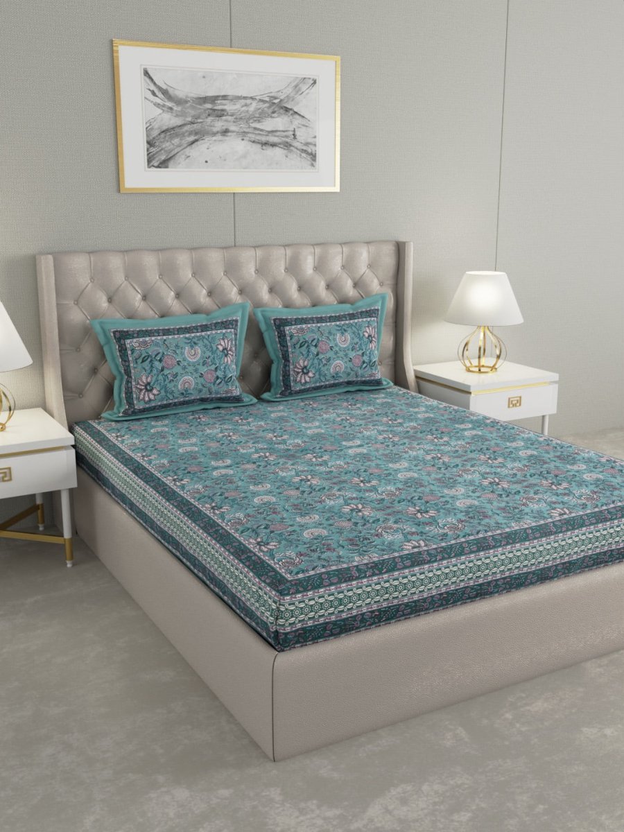 Teal Floral Hand Printed Pure Cotton King Size Bedding Set | Verified Sustainable by Brown Living™