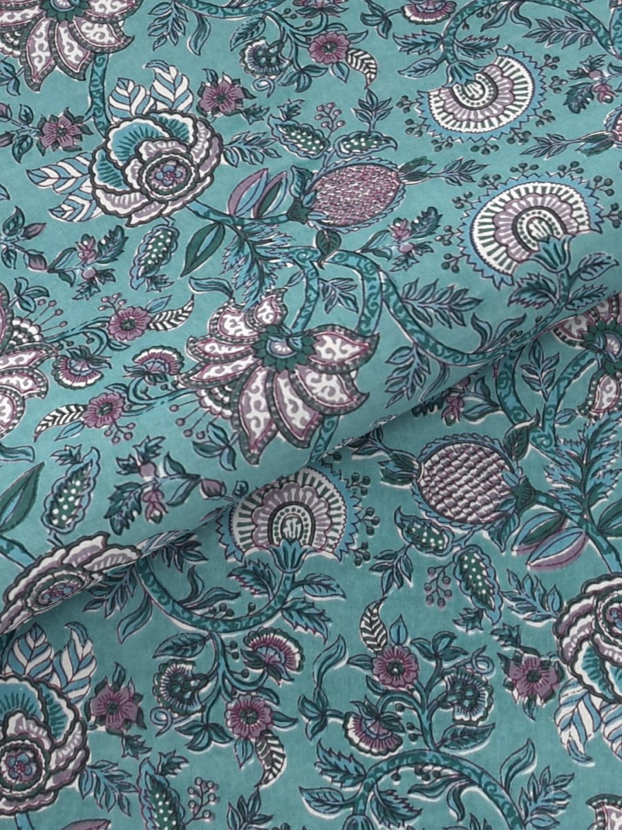 Teal Floral Hand Printed Pure Cotton King Size Bedding Set | Verified Sustainable by Brown Living™