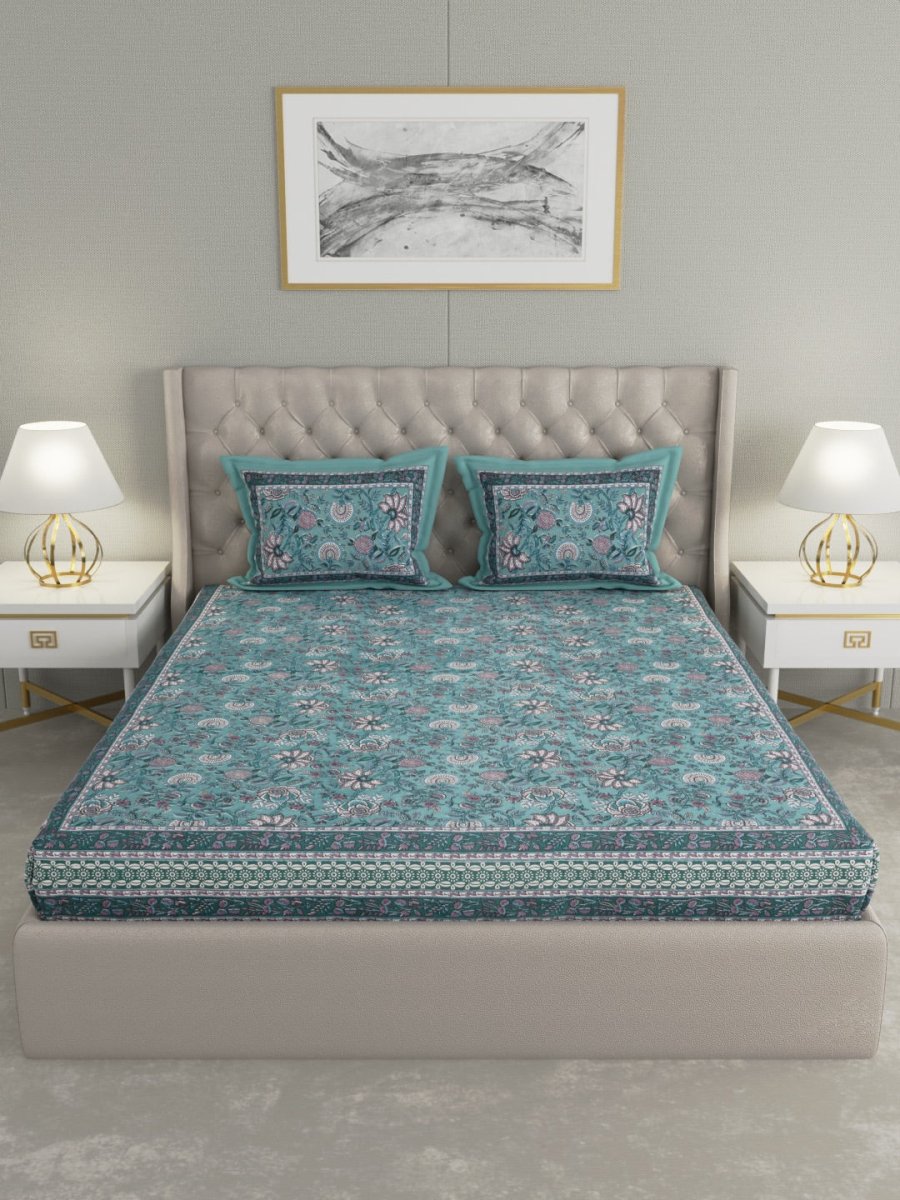 Teal Floral Hand Printed Pure Cotton King Size Bedding Set | Verified Sustainable by Brown Living™