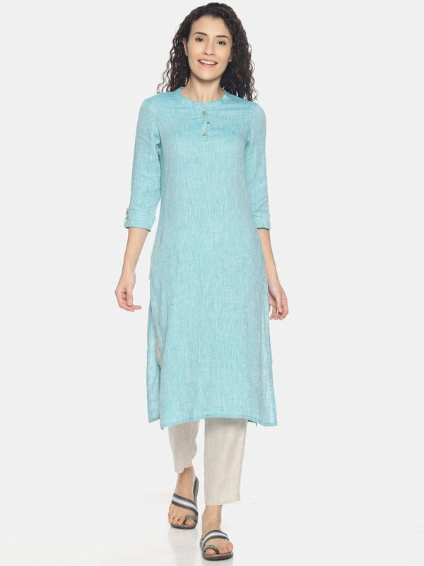 Buy Teal Green Colour Solid Hemp Straight Long Kurta For Women | Shop Verified Sustainable Products on Brown Living