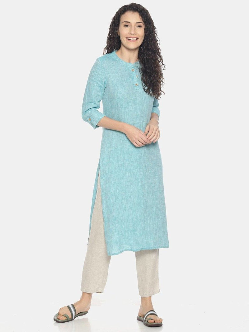 Buy Teal Green Colour Solid Hemp Straight Long Kurta For Women | Shop Verified Sustainable Products on Brown Living