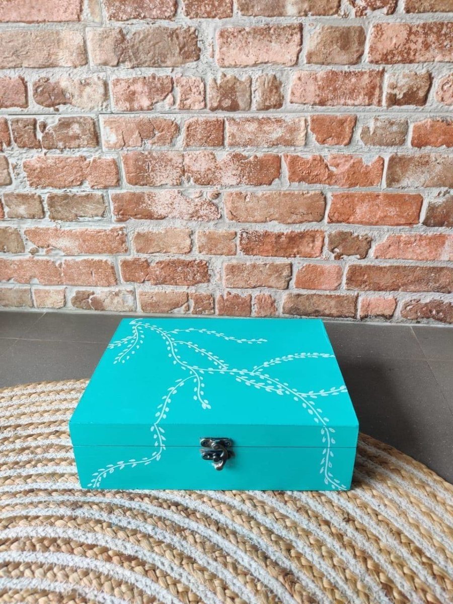 Teal Green Hand - Painted Wooden Multipurpose Storage/Vanity Box | Verified Sustainable by Brown Living™