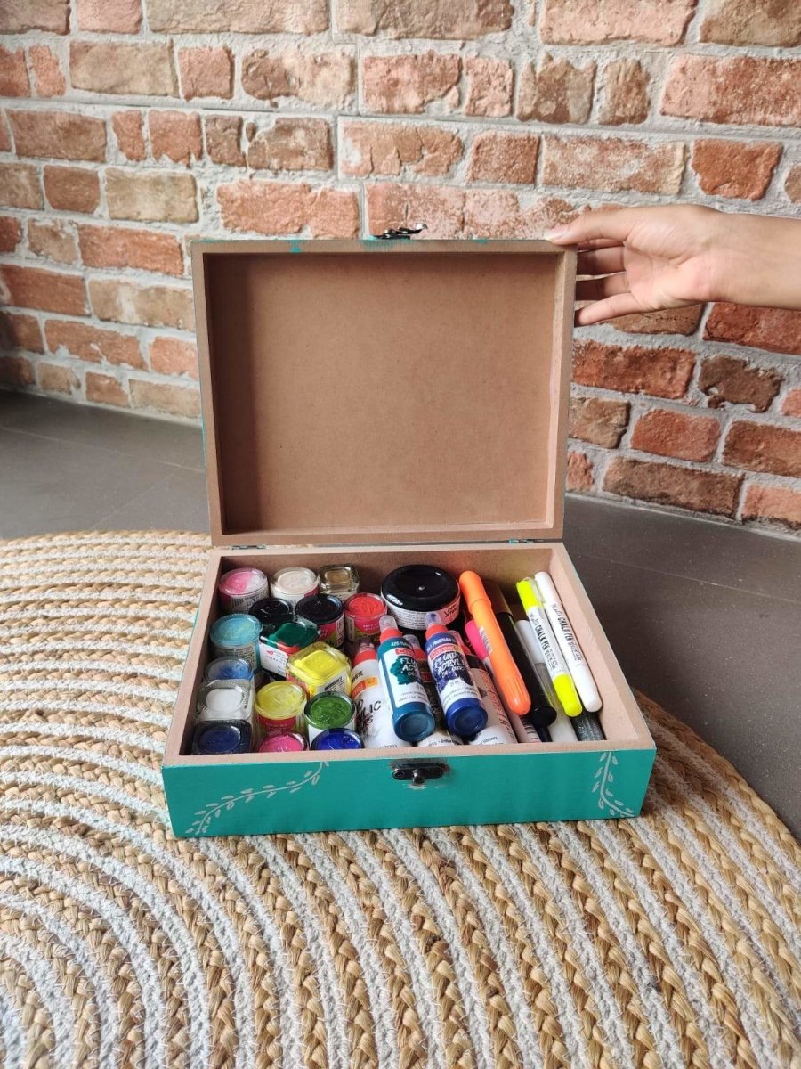 Teal Green Hand - Painted Wooden Multipurpose Storage/Vanity Box | Verified Sustainable by Brown Living™