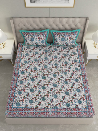 Teal Hand Block Floral Print Cotton King Size Bedding Set | Verified Sustainable by Brown Living™