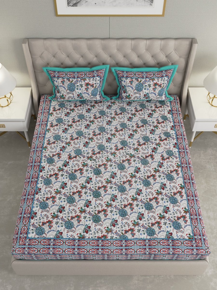 Teal Hand Block Floral Print Cotton King Size Bedding Set | Verified Sustainable by Brown Living™