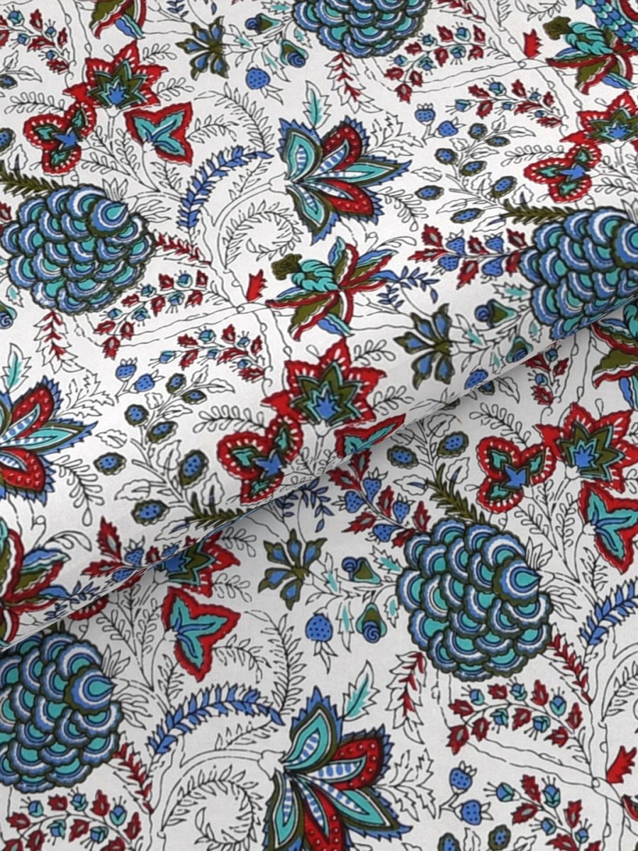 Teal Hand Block Floral Print Cotton King Size Bedding Set | Verified Sustainable by Brown Living™