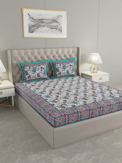 Teal Hand Block Floral Print Cotton King Size Bedding Set | Verified Sustainable by Brown Living™