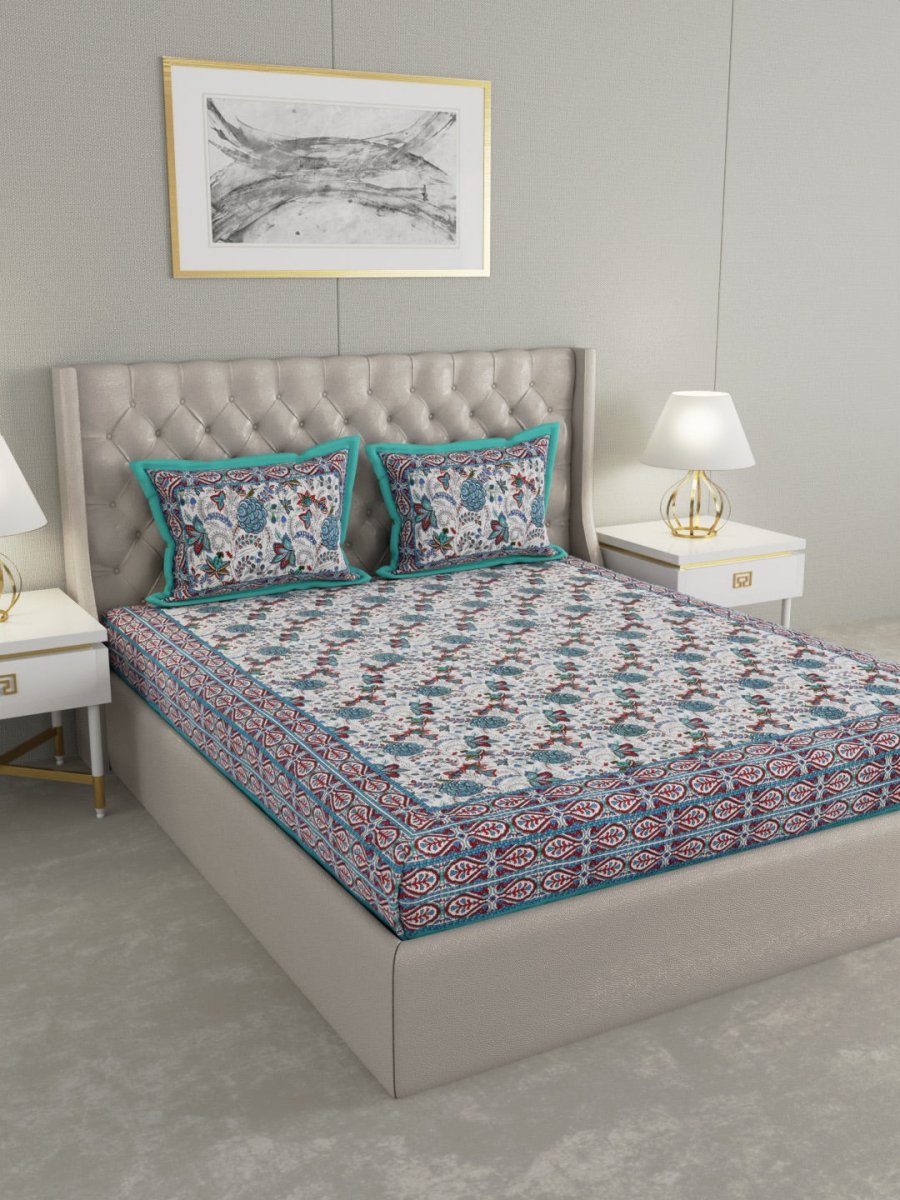 Teal Hand Block Floral Print Cotton King Size Bedding Set | Verified Sustainable by Brown Living™