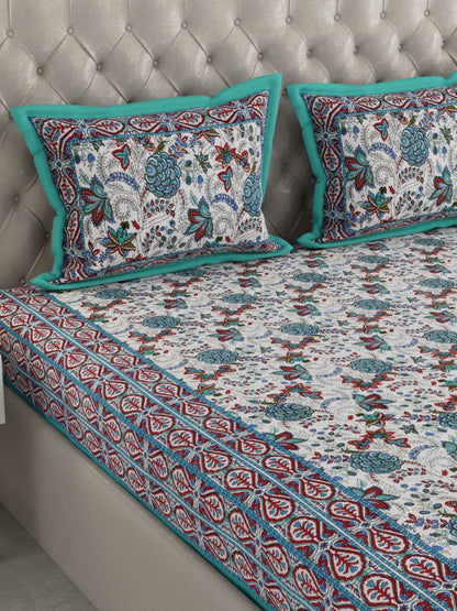 Teal Hand Block Floral Print Cotton King Size Bedding Set | Verified Sustainable by Brown Living™