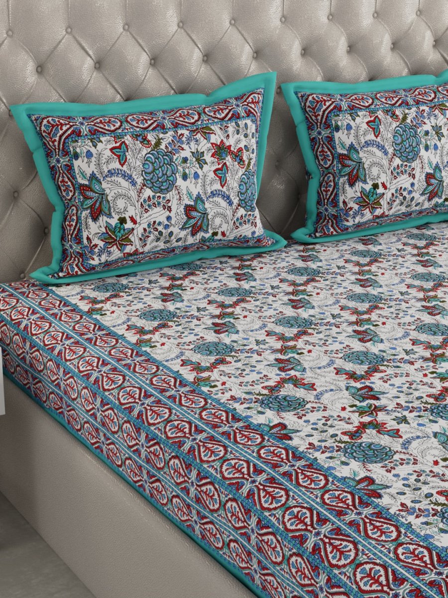 Teal Hand Block Floral Print Cotton King Size Bedding Set | Verified Sustainable by Brown Living™