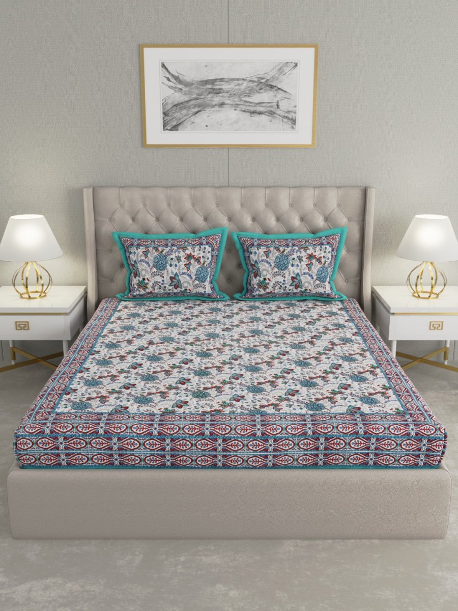 Teal Hand Block Floral Print Cotton King Size Bedding Set | Verified Sustainable by Brown Living™