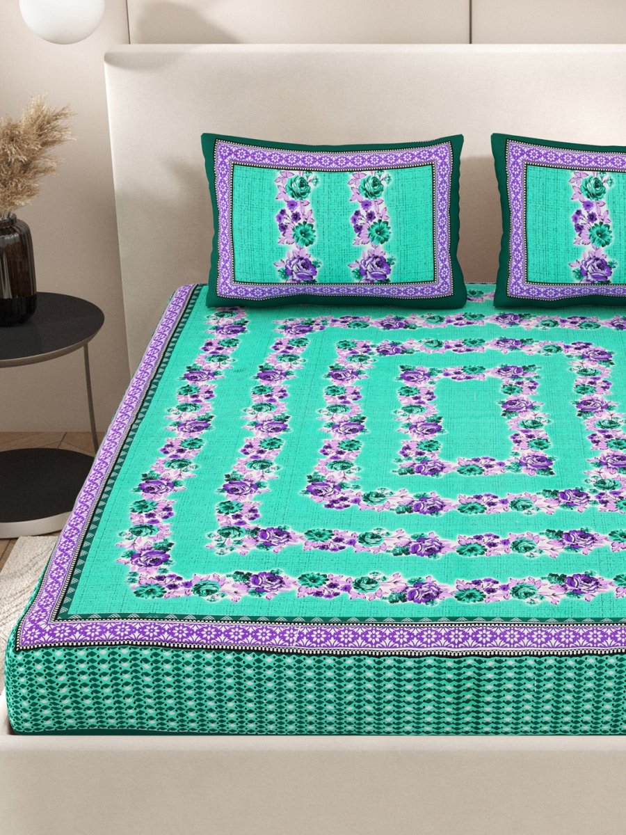 Teal Interiors Floral Hand Block Printed Cotton Queen Size Bedding Set | Verified Sustainable by Brown Living™