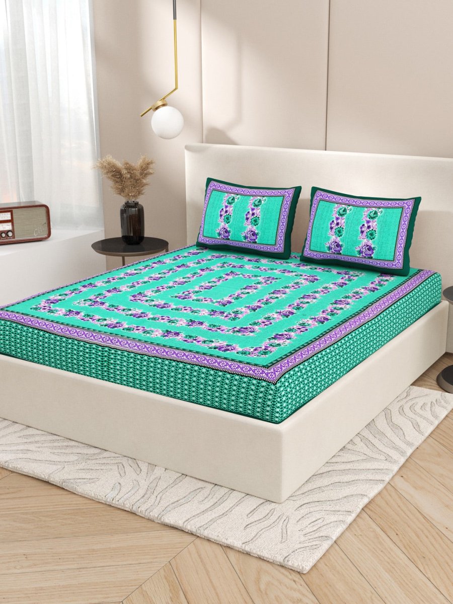 Teal Interiors Floral Hand Block Printed Cotton Queen Size Bedding Set | Verified Sustainable by Brown Living™