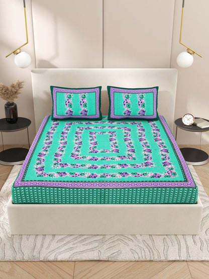 Teal Interiors Floral Hand Block Printed Cotton Queen Size Bedding Set | Verified Sustainable by Brown Living™