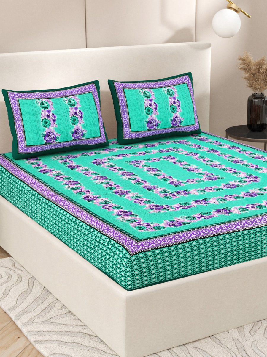 Teal Interiors Floral Hand Block Printed Cotton Queen Size Bedding Set | Verified Sustainable by Brown Living™