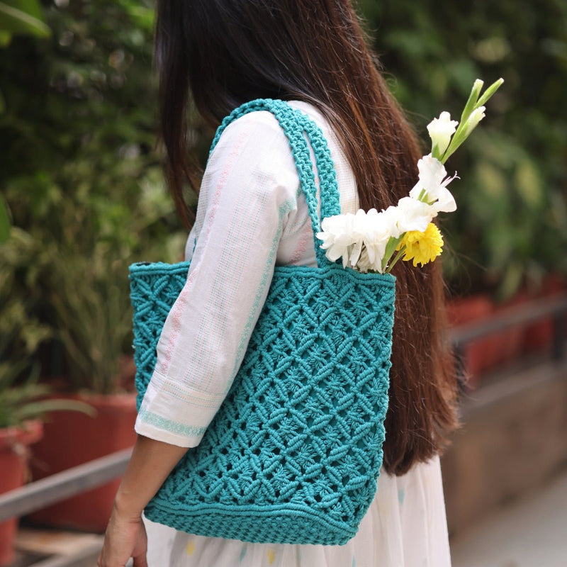 Teal Macrame Tote Bag | Verified Sustainable Bags on Brown Living™