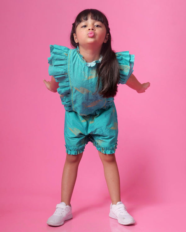 Buy Teal Salad Frill Blouse & Shorts Co-Ord Set | Shop Verified Sustainable Kids Tops on Brown Living™