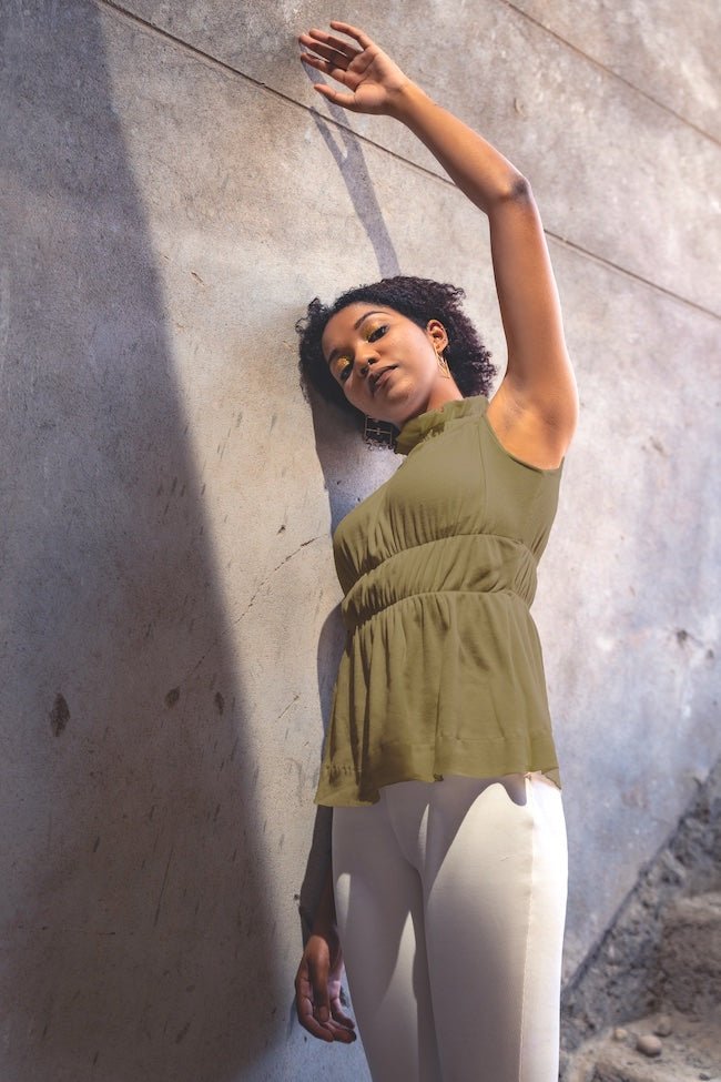 Telma Top - Smocked Top in Cotton Knit (Olive Green) | Verified Sustainable by Brown Living™