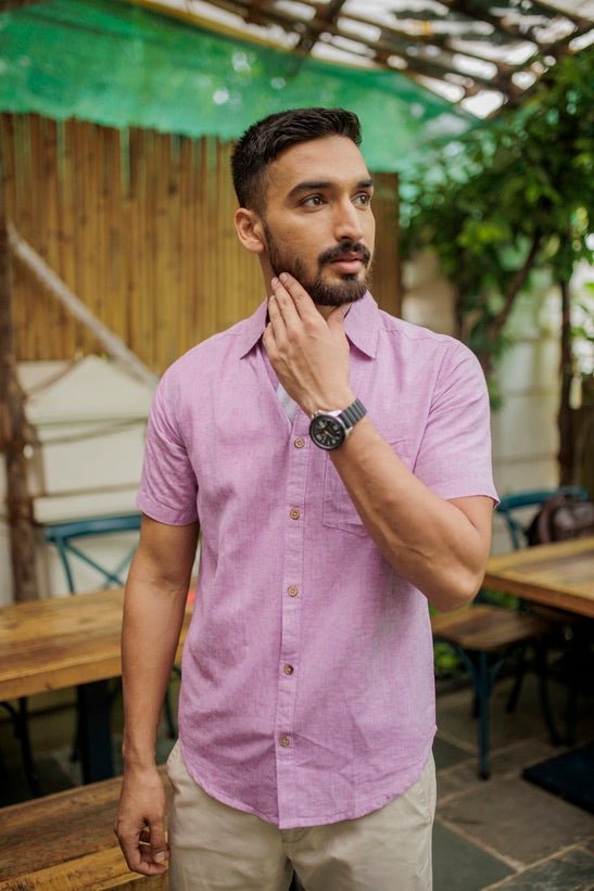 Buy TENCEL™ Lyocell-Linen Half Sleeve Shirt in Lavender | Shop Verified Sustainable Mens Shirt on Brown Living™